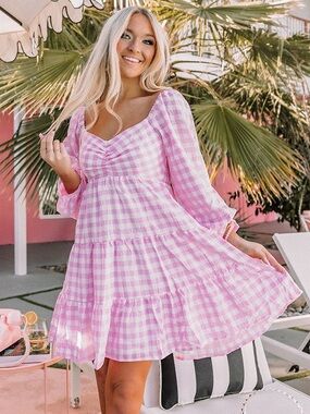 Entro Gingham Puff Sleeve Smocked Bodice Tiered Dress Pink and White L